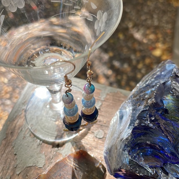 Handmade Beaded Earrings w Blue on Golden Enamel Charm New & Upcycled Beads - Picture 3 of 5